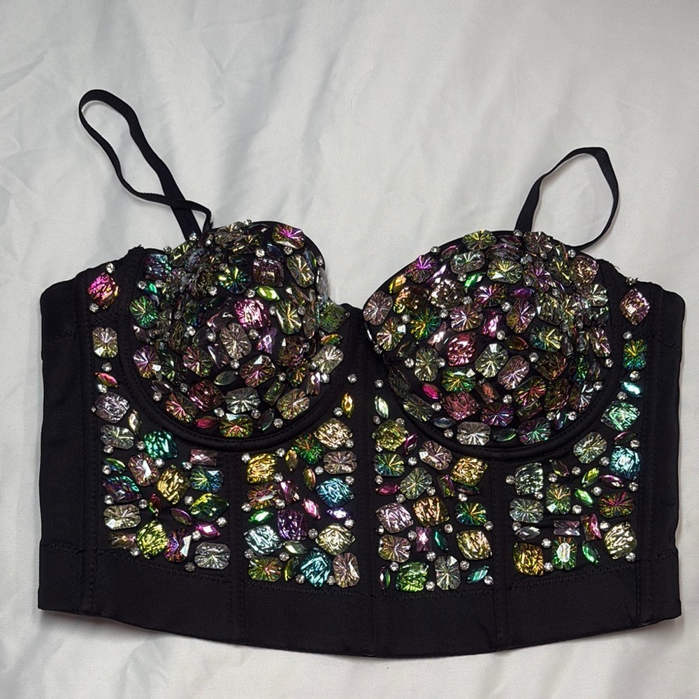 Black Bustier with Multicolor Gemstones